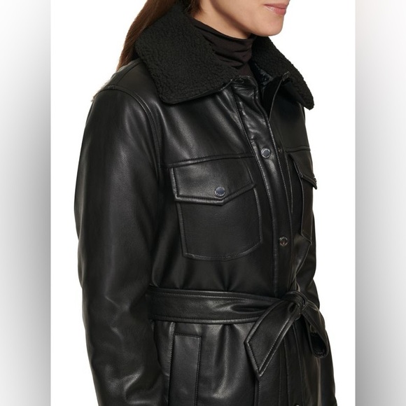 Kennth Cole Faux Leather & Faux Shearling Belted Shirt Jacket (Black) - Picture 4 of 5